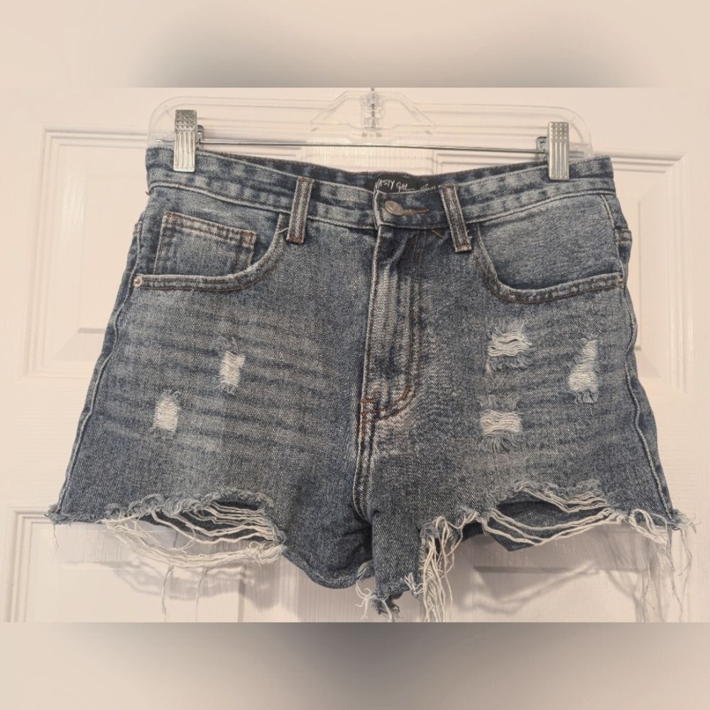 Nasty Gal Women Blue Mid Rise Cotton Distressed Raw Hem Cut Off Jean Shorts 6